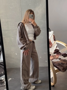 Survêtement vintage marron délavé avec sweat à capuche zippé court et jogging