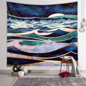 Detailed view of an abstract mountain tapestry with waves and moon in a cozy interior