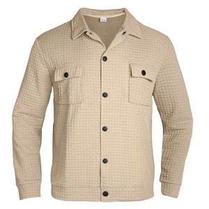 Men's khaki waffle knit shirt jacket with long sleeves and front button closure