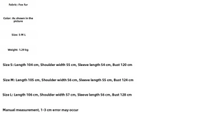 Size chart showing long leopard faux fox fur coat measurements in centimeters and weight