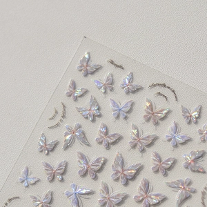 Detailed macro shot of holographic butterfly nail stickers with iridescent shimmer