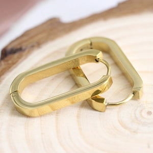 Minimalist 18K gold plated stainless steel U-shaped rectangular hoop earrings on wood