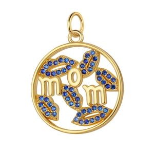 Macro view of gold mom pendant with blue zircon stones and hollow circular design