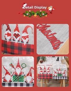 Detail of Christmas gnome table runner with linen texture and plaid pattern embroidery