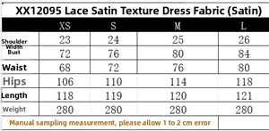 Tableau des tailles détaillé pour robe en satin et dentelle, mesures du XS au L