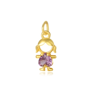 Macro view of gold girl-shaped pendant with a purple heart gemstone for DIY jewelry