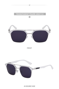 Front and 45-degree side views of transparent gray cat eye sunglasses with metal frame C2