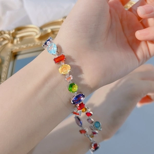 Rainbow Gema style crystal bracelet with multi-colored gemstones in silver finish