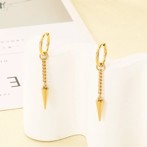 Minimalist gold stainless steel chain earrings with conical pendant on a white display stand