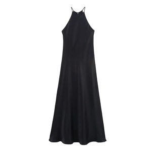 Vestito Midi in Raso Nero Elegante da Donna Scollo all'Americana Minimalista Senza Maniche Senza Schienale Linea A per Feste