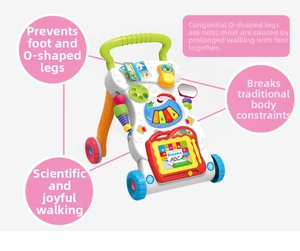 Baby walker detail showing educational panel for scientific gait development and leg health