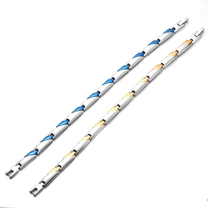 Polished titanium steel magnetic bracelets for men in silver-blue and silver-gold finishes