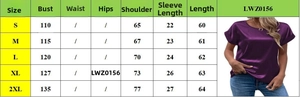 Detailed size chart for satin crewneck T-shirt with S to 2XL measurements and dimensions