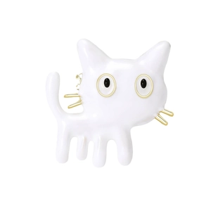 Cute cartoon cat brooch in white enamel with gold metal outline for clothing decor