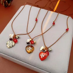 Vintage Heart Stone Pendant Necklace Long Waxed Cord Wood Beads Metal Cross Bohemian Ethnic Style Women Accessory