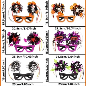 Size chart for Halloween party glasses featuring diverse themed designs and measurements
