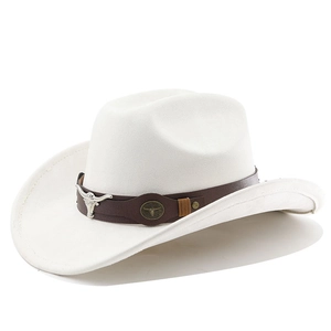 Detail of white felt cowboy hat with brown leather belt and silver bull head metal emblem