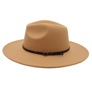 Classic camel wool fedora hat with a wide brim and decorative black leather belt buckle