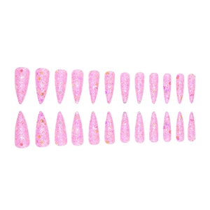 Detail of 24 long stiletto press-on nails with pink glitter and colorful sequins