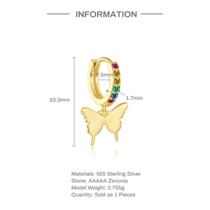 Detailed technical view of 925 silver butterfly earring with multi-color cubic zirconia