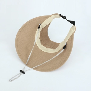 Khaki wide brim sun visor hat for outdoor sport with adjustable strap and wind rope