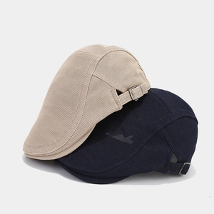Breathable mesh flat cap set in beige and navy blue with adjustable metal side buckles