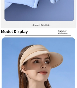 Close-up of lightweight UPF50+ sun hat fabric with model wearing the beige visor