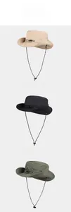 Three outdoor sun hats in khaki, black and army green with adjustable windproof chin straps