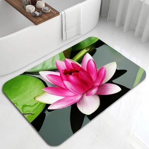 Close-up of pink lotus flower bathroom mat with quick-dry diatom mud texture