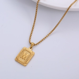 Rectangle 18k gold plated stainless steel necklace with engraved letter M pendant