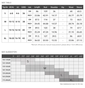 Tableau des tailles détaillé pour robe à col en V et manches bouffantes, mesures UK/US/EU