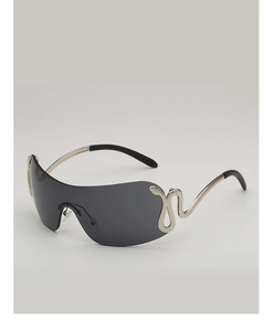 Detailed view of silver snake-shaped metal hinge on rimless wrap-around sunglasses