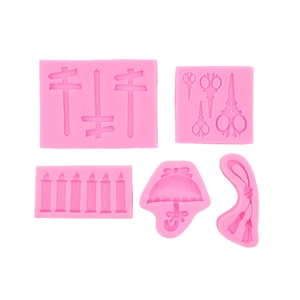 5-piece pink silicone fondant molds featuring scissors, candles, umbrella and tassel shapes