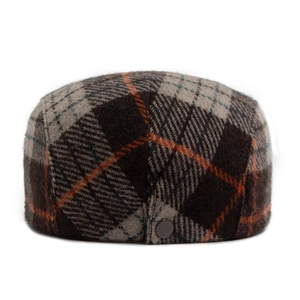 Classic British plaid wool flat cap for men and women featuring warm brown and orange tones