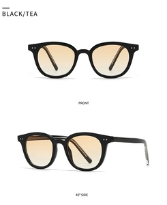 Front and side 45-degree angle views of retro black frame sunglasses with tea lenses