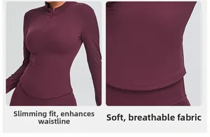 Detailed view of dark purple yoga top featuring a half-zip high neck and soft breathable fabric