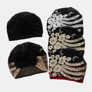 Women Lace Turban Hat Breathable Mesh Headwrap With Sequin Embroidery And Large Flower Bohemian Style