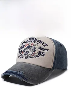 Detailed embroidery of Team Spirit 85 on a vintage distressed denim baseball cap