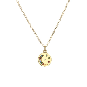 Collana dorata con ciondolo luna e stella impreziosita da zirconi colorati