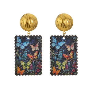 18K gold plated stainless steel drop earrings featuring colorful butterfly oil painting