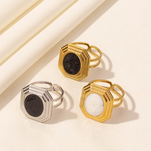 Vintage octagonal 304 stainless steel open rings with enamel inlay for women