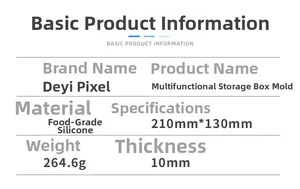 Specifications for food-grade silicone storage box mold measuring 210x130mm and 10mm thick