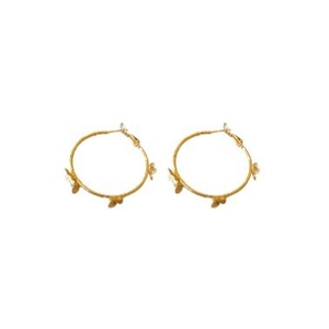 Minimalist golden bow hoop earrings with hollow butterfly design on white background