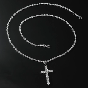Hip hop silver cross pendant necklace with clear crystals and twist chain on black base