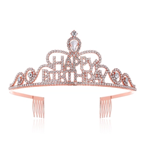 Detailed view of a rose gold Happy Birthday tiara with sparkling crystal rhinestones