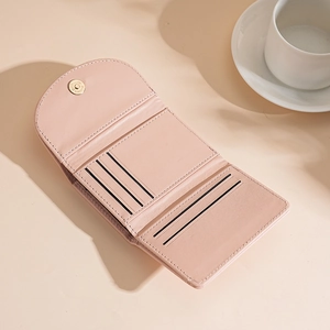 Pink PU leather trifold wallet for women shown unfolded with card slots and snap button
