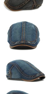 Detailed close-up of vintage washed denim flat caps with adjustable metal buckles