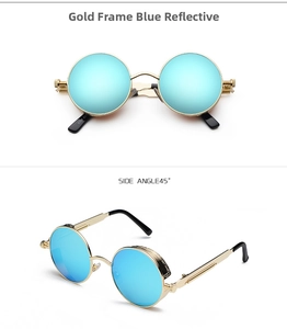 Detail view of round steampunk sunglasses with golden metal frame and blue reflective lens