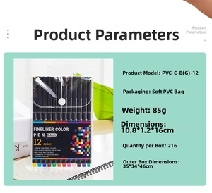 Detail view of 12-color 0.4mm fine line pen set in a transparent PVC pouch package