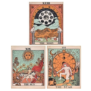 Bohemian tarot wall tapestry set featuring sun moon and star vintage illustrations